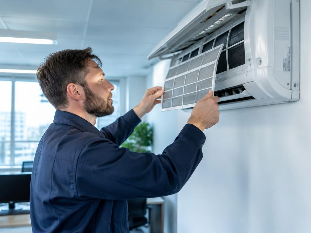 Engineer cleaning the filter of an office air conditioning unit
